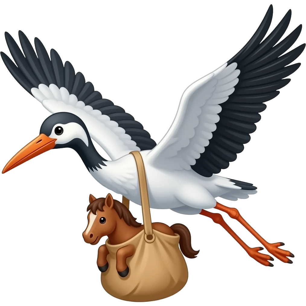 Stork flying carrying a baby horse in a bag emoji