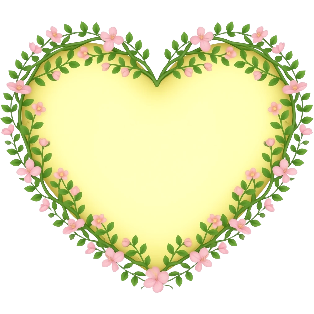 light yellow heart with a border made of green vine with pink flowers emoji
