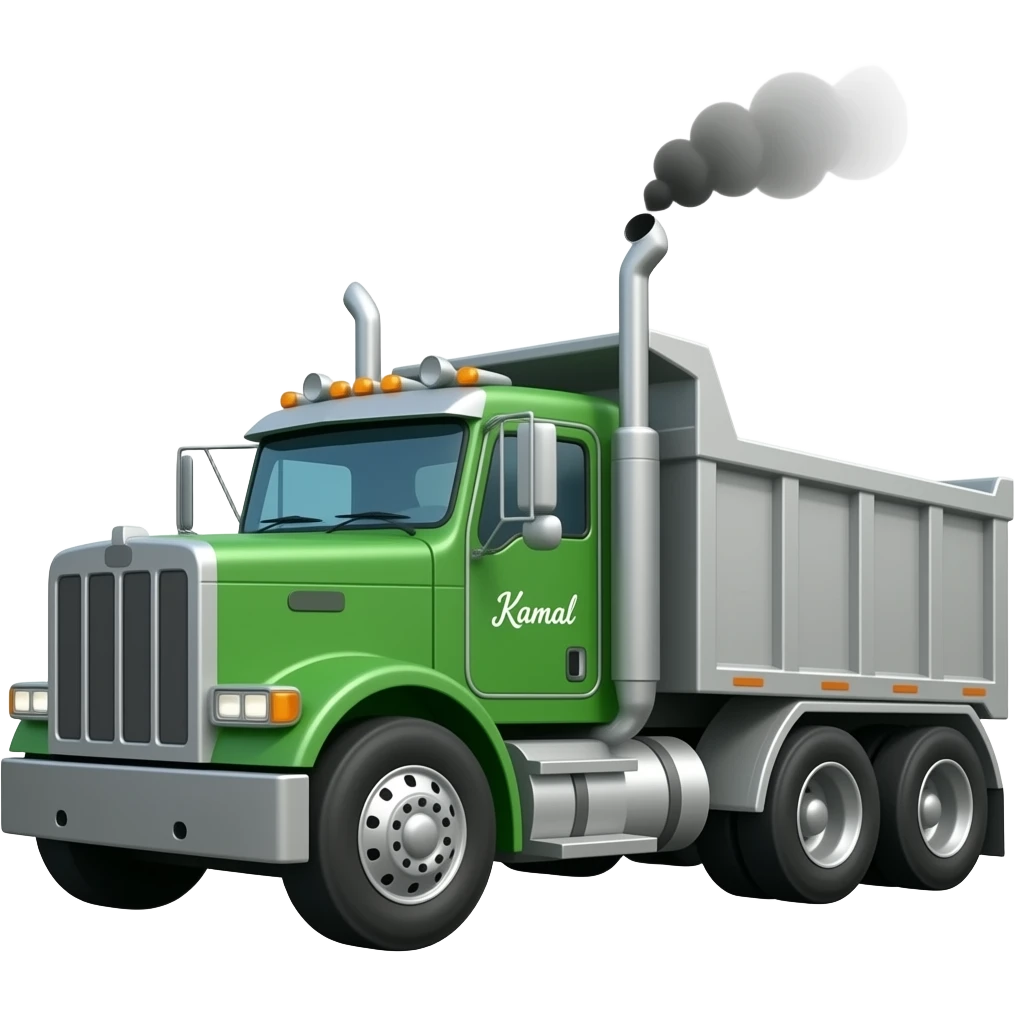 A peterbelt dump truck  emoji dump trailer with black smoke Out of exhausted pipe and a green truck and says kamal on the side only 1 truck with kamal on the side make that 1 truck green but a grey tralier imoji emoji