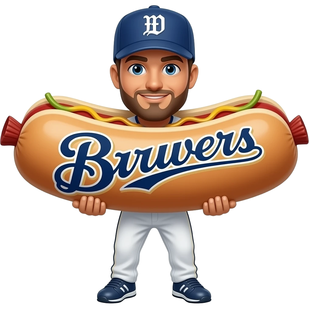 Baseball player in a sausage costume that says Milwaukee Brewers spelled correctly emoji