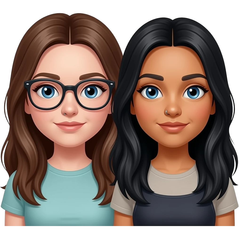 white girl with long brown hair with blue eyes with glasses and a side nose peircingwith her bestfriend thats light mexican with long blackhair with blue eyes and she has nose peircing emoji