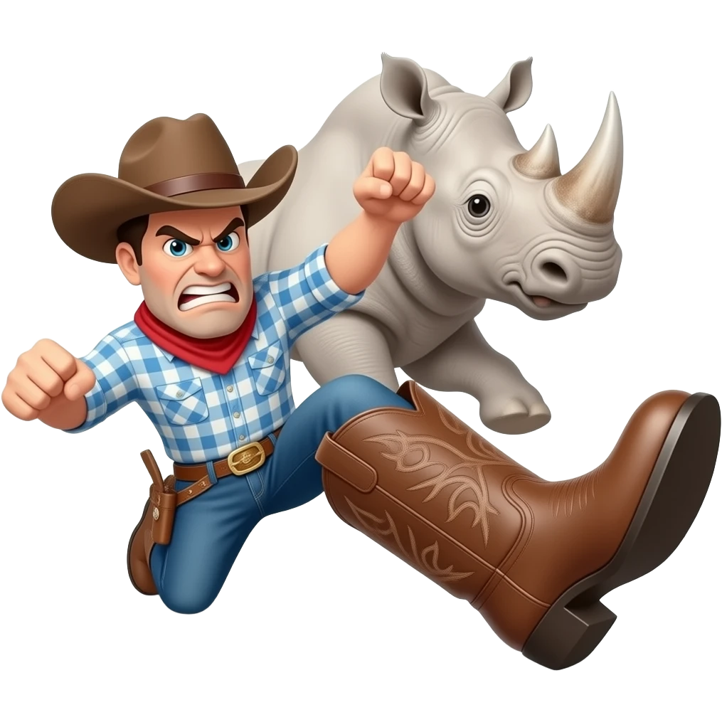 Angry Big texas cowboy boot kicking a rhino emoji