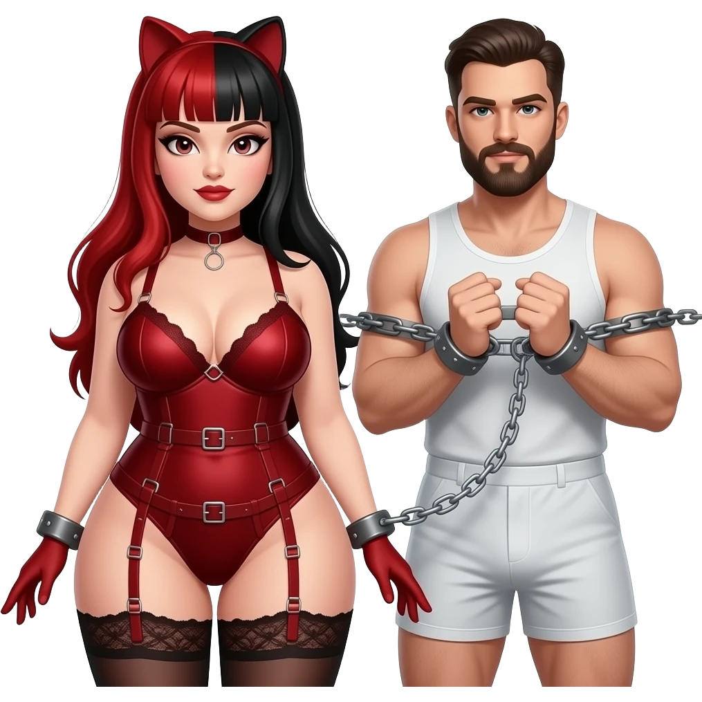 Dominatrix wearing a darkred bdsm style harness lingerie. White skin, chubby, dark Make the girl have long red and black hair no bangs and male partner in boxers getting chained up with goatee facial hair emoji