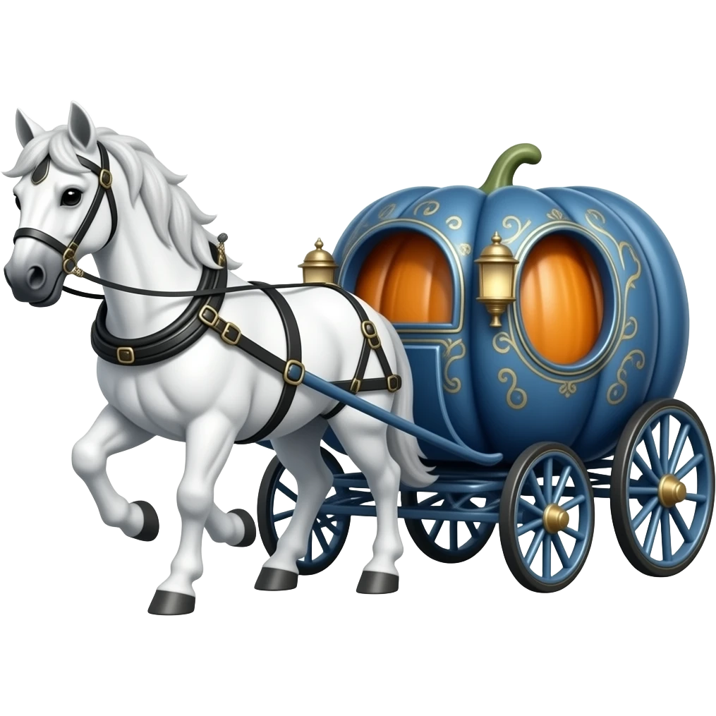 A white horse pulls a blue pumpkin carriage emoji