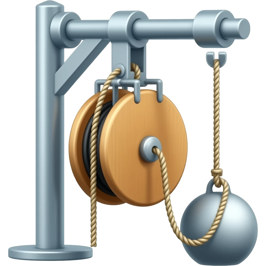 a fixed pulley consisting of a wheel with a groove for a rope, mounted to a stationary surface (anchored). A rope that runs through the groove in the wheel, and have it show the effort and the load emoji