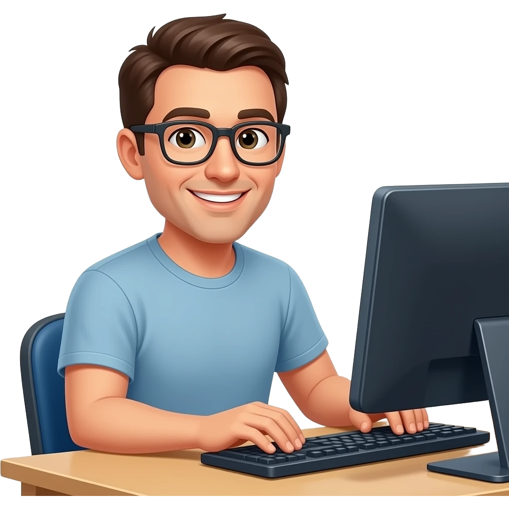 nerdy male in his 30's that works at computer, friendly emoji