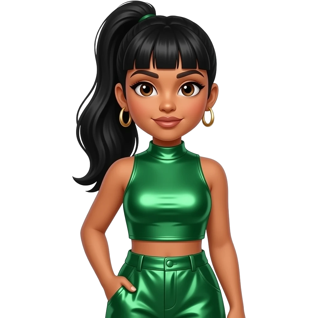 Lisa Left Eye Lopes from TLC with light brown skin, brown eyes, black high ponytail bang hair, green metallic high neck crop top, green metallic baggy pants, earrings emoji