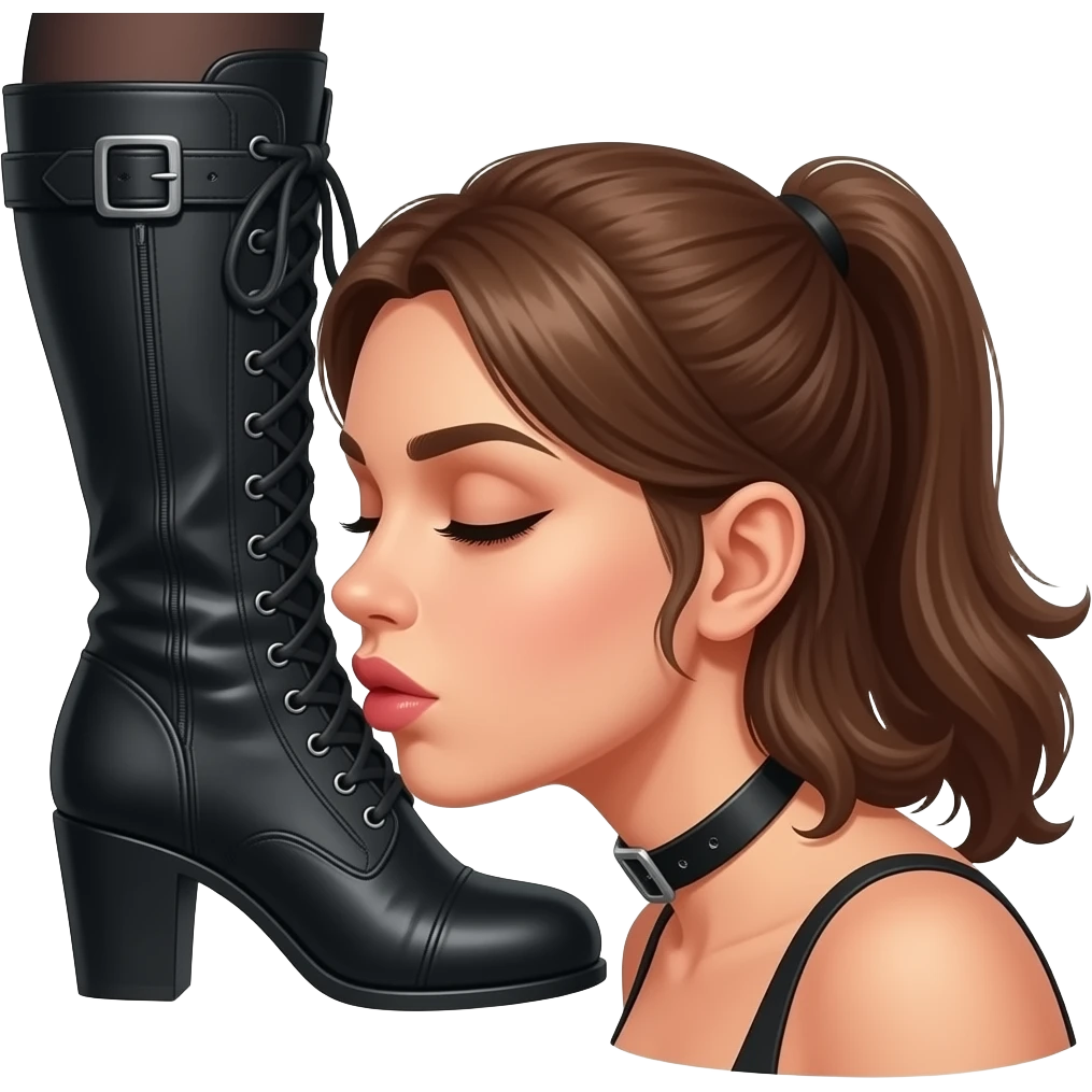 A submissive wearing a collar kissing a domme's boot clad leg on the toes. the image should focus on her head as she kisses the boot. emoji