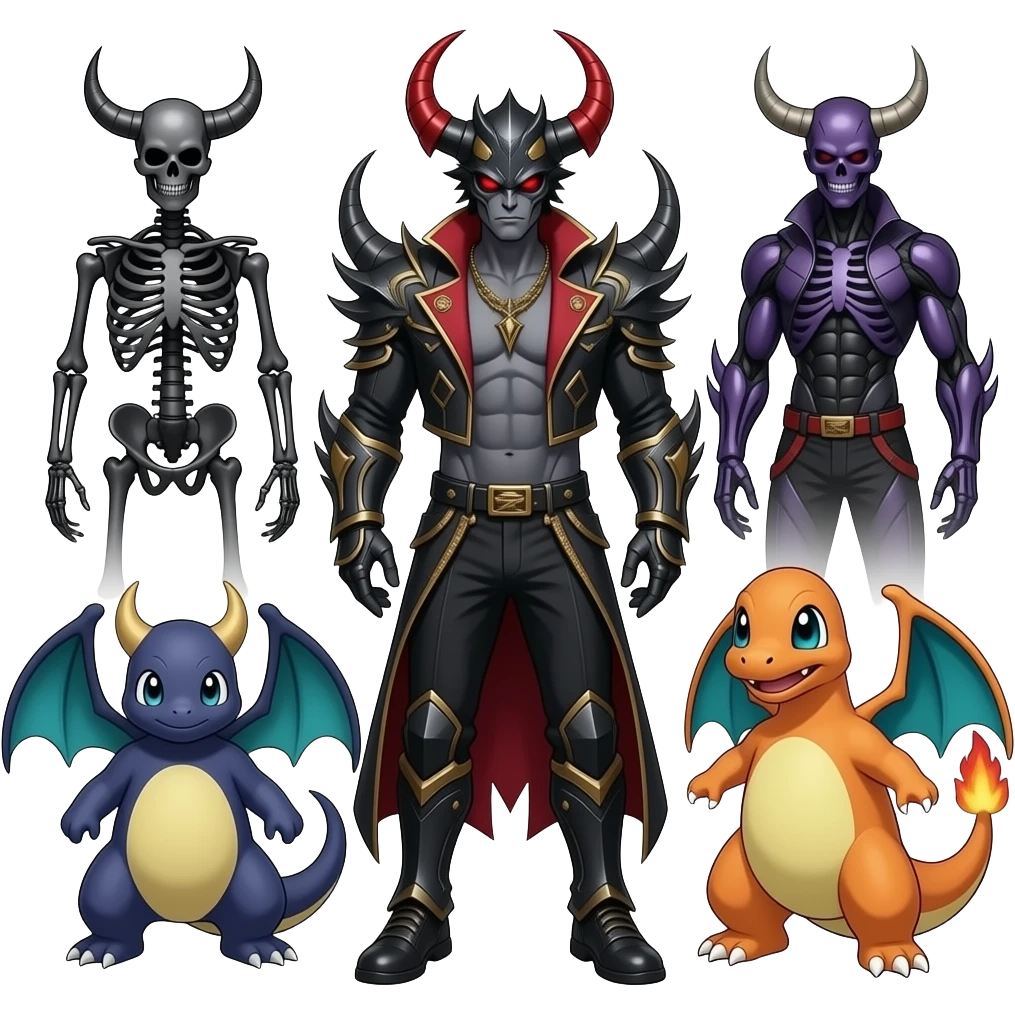 Shiny Horned Badass Edgy Dark Evil Spectral Dusky Spooky Skeletal Cool Hot Stylish Handsome Duskull-Darkrai-Charmeleon-Genesect-Fakémon-fusion (full body) emoji