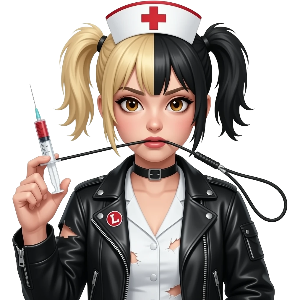 Punk nurse girl with hypodermic needle with half blonde half black hair in pigtails with a letter L patch on jacket and brown eyes snapping whip emoji