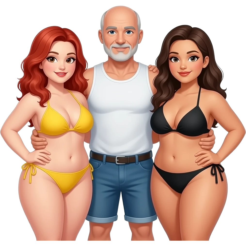 Handsome, bald,  muscular man with goatee, age 57,  standing with arms around 2 very full figured curvy women in bikinis, redhead with yellow bikini and brunette black bikini with larger e cup breasts emoji