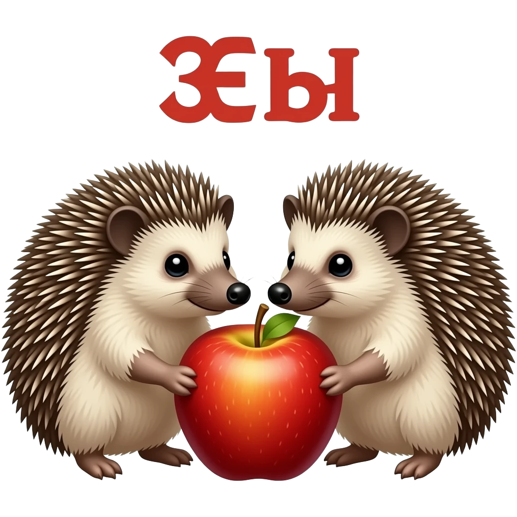 Text above the hedgehogs russian text: "еЖы". Two hedgehogs sniff an apple. Emoji. emoji