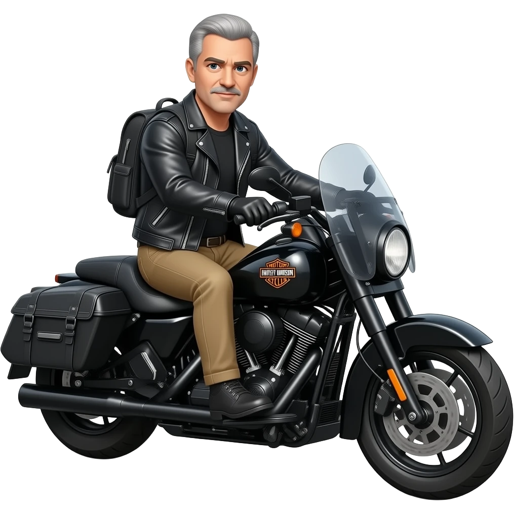 Gray and black short hair clean shaven man with no beard in black leather jacket and black shirt and tan pants and not wearing a obackpack  riding on a harley with a windshield and saddlebags and the orange bar and shield harley logo emoji