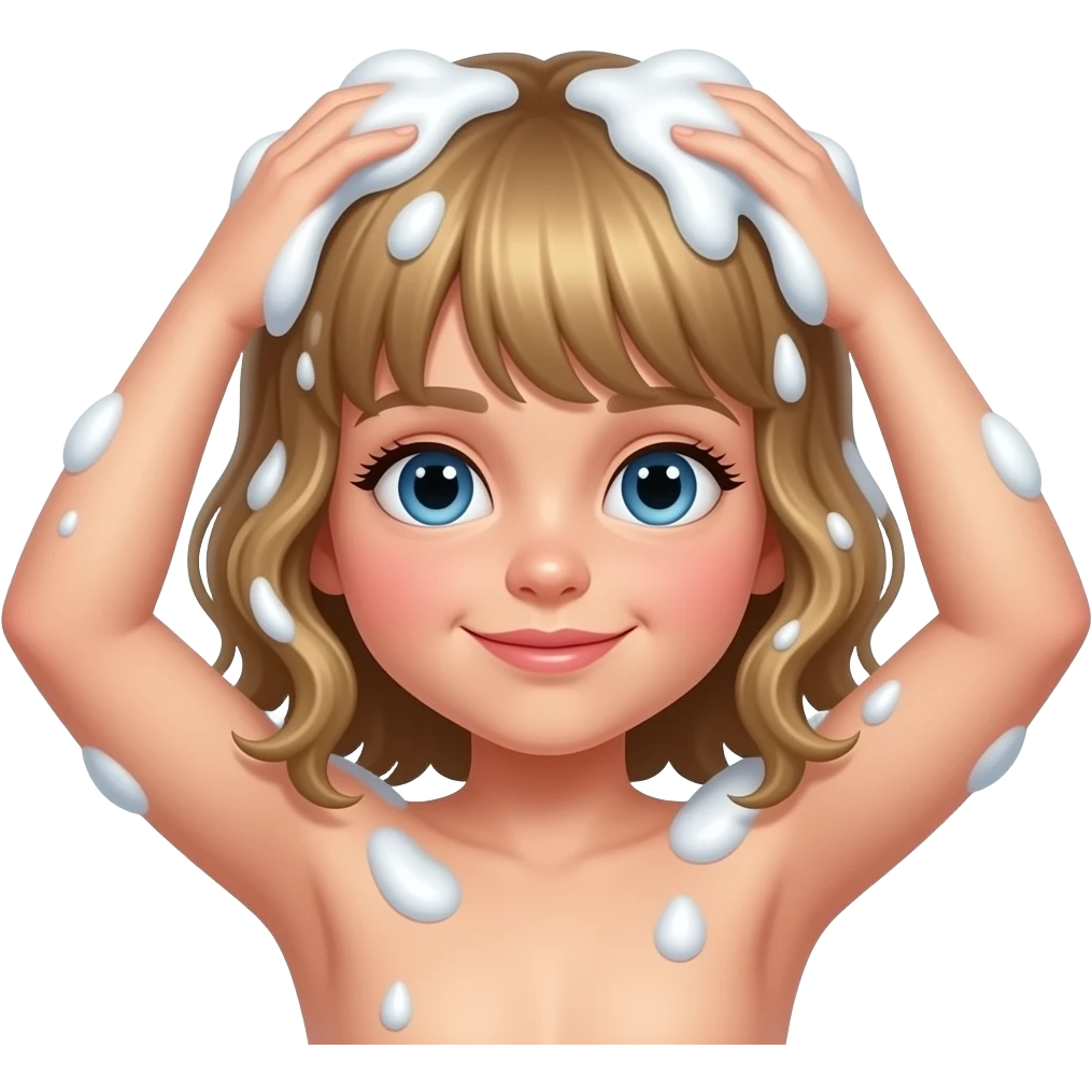 white kid  mid length hair to shoulders with bangs soft curly hair to shoulders in color: middle to little darker blond. shower her hair lather in hair with her hands emoji