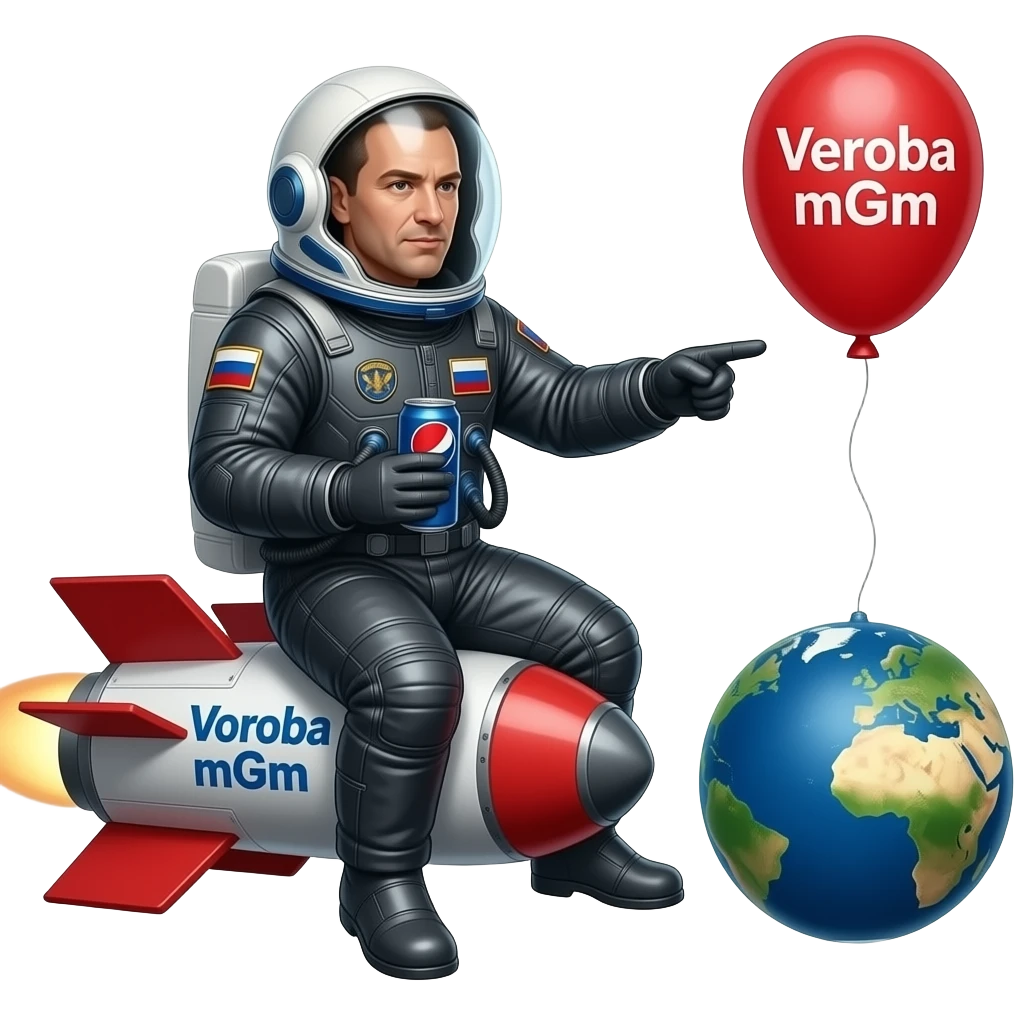 Космонавт в темном зеркальном скафандре летит на ракете на землю из космоса на ракете надпись Voroba мГм вокруг заезды в руке банка pepsi другой рукой показывает пальцем вперед намкостюме флаг России в скофандре видна земля рядом воздушный детский надувной шар красный с надписью Voroba mGm emoji
