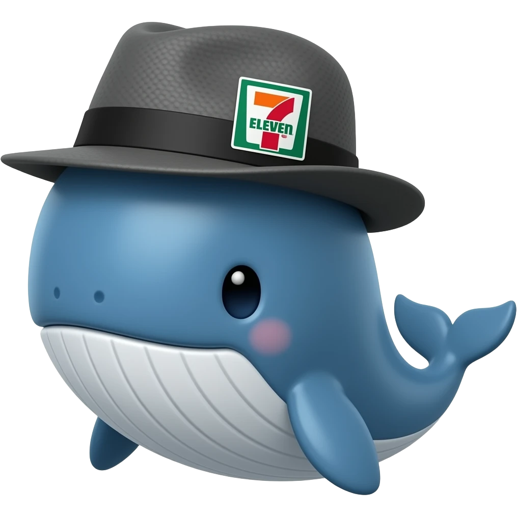 Blue Whale wearing a 7-eleven branded black and grey fedora emoji