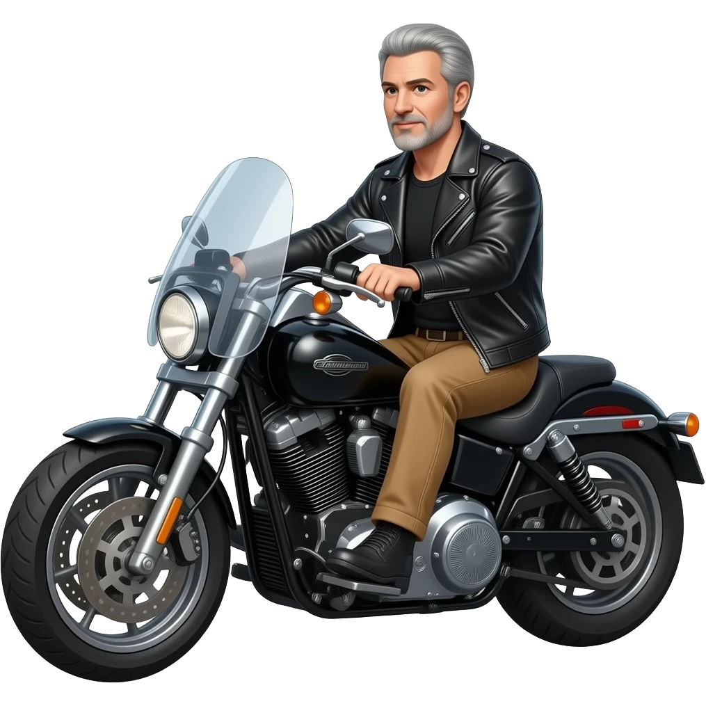 Gray hair clean shaven man with no beard in black leather jacket and black shirt and tan pants riding on a harley with a windshield emoji