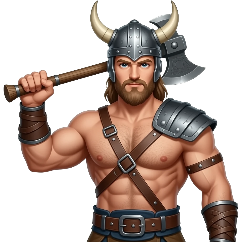 Nahaufnahme von einem Vikinger mit nackten muskulösem körper und einer behaarten und kräftigen männlichen Brust, mit Leder Riemen und Schulterpanzer aber ohne Gürtel. Er schwinkt eine Axt mit seiner rechten Hand und trägt ein Helm mit Hörnern und Bart emoji