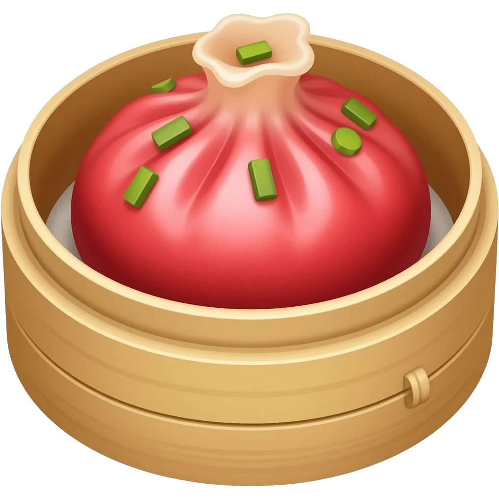 동글동글한,만두,빨간색,겉면에 작게 파 박혀있는, 찜기에 담겨있는 emoji