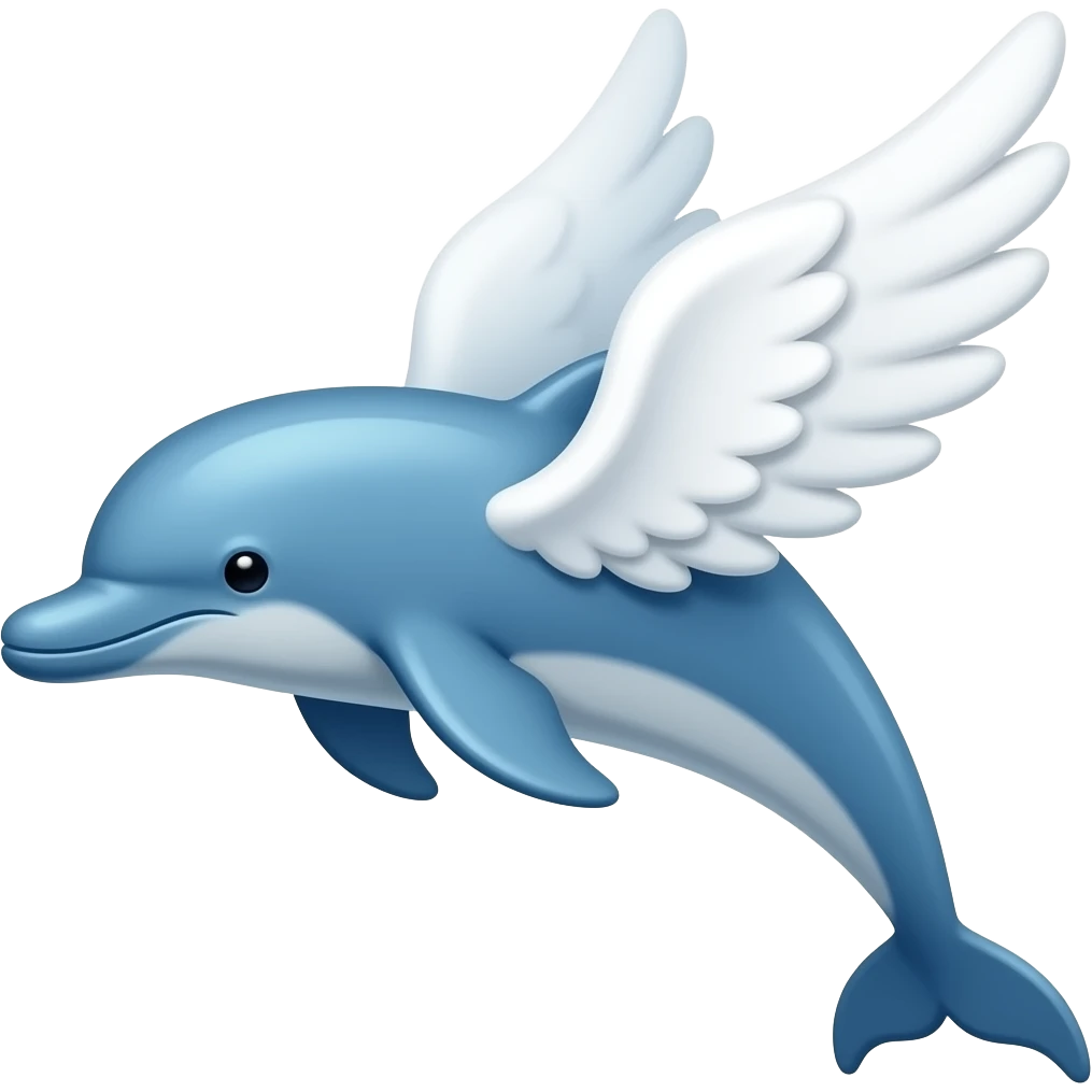 slim dolphin emoji with 2 big angel white wings, glass blue ,2d, simple emoji