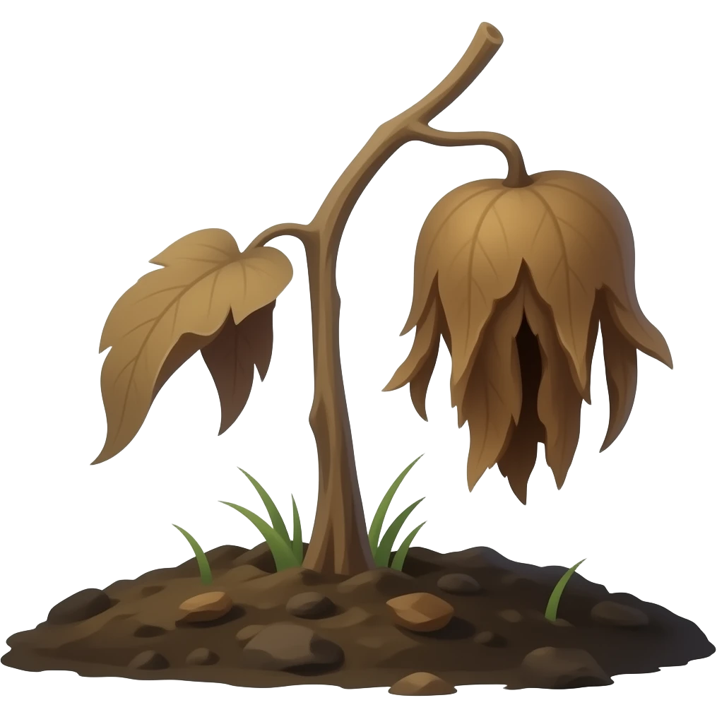 Wilted dead dark brown plantstem from the ground with leaves hanging emoji