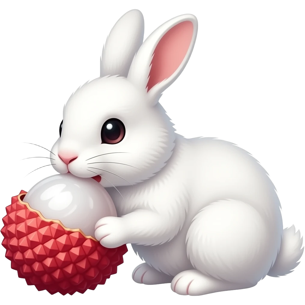 A white bunny rabbit biting on a lychee. Half covering torn emoji