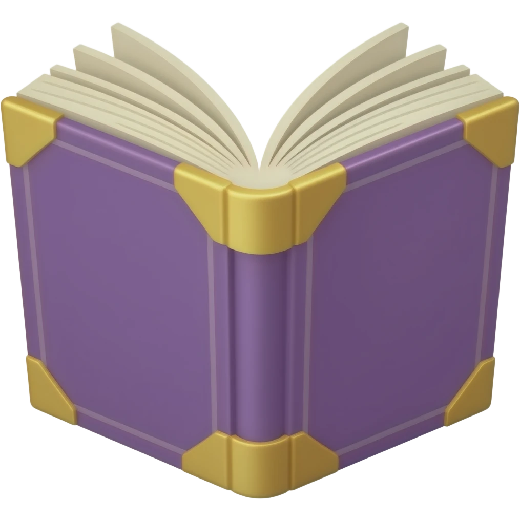 Open fantasy book emoji, pages facing viewer, thin purple hardcover with gold corners, cream pages, centered, transparent background, polished RPG game icon style, no glow, no bookmark emoji
