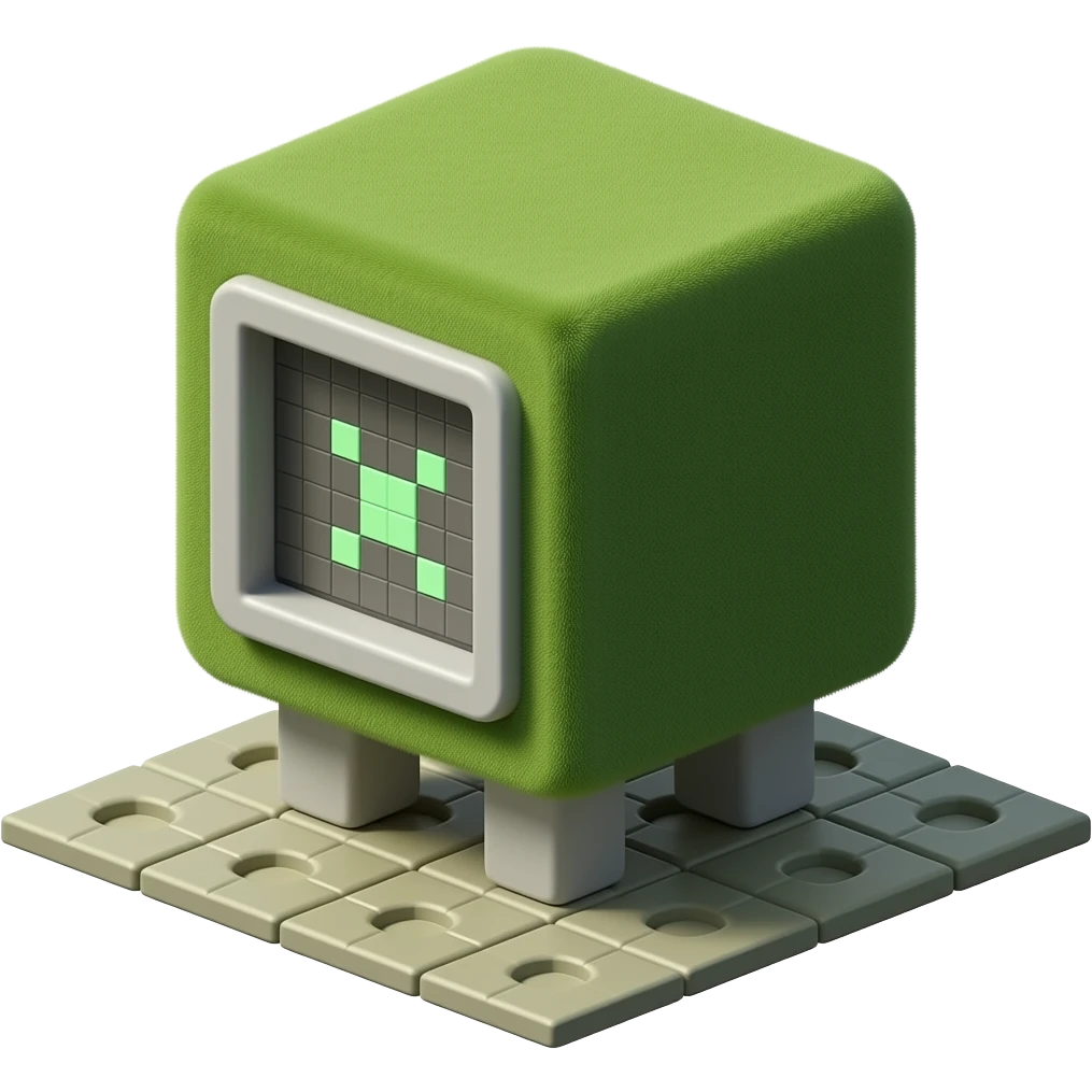 Compact cube form with rounded edges and soft moss-like synthetic ...