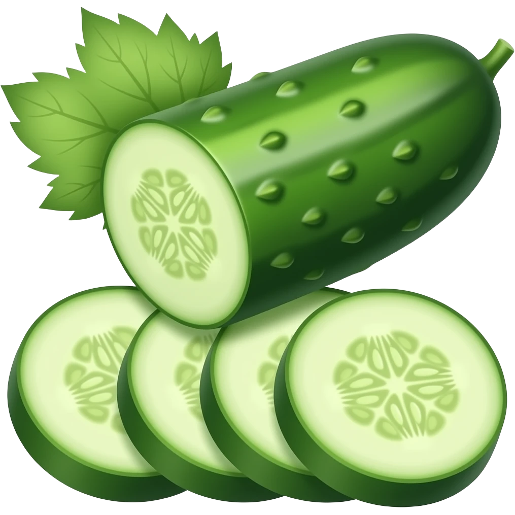 slightly incised whole Cucumber and four sliced Cucumber emoji