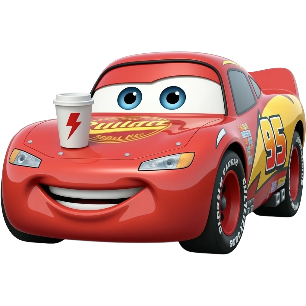 hazlo volando al rayo mcqueen y que tenga una copa y cafe y que el rayo diga salud texto rojo emoji