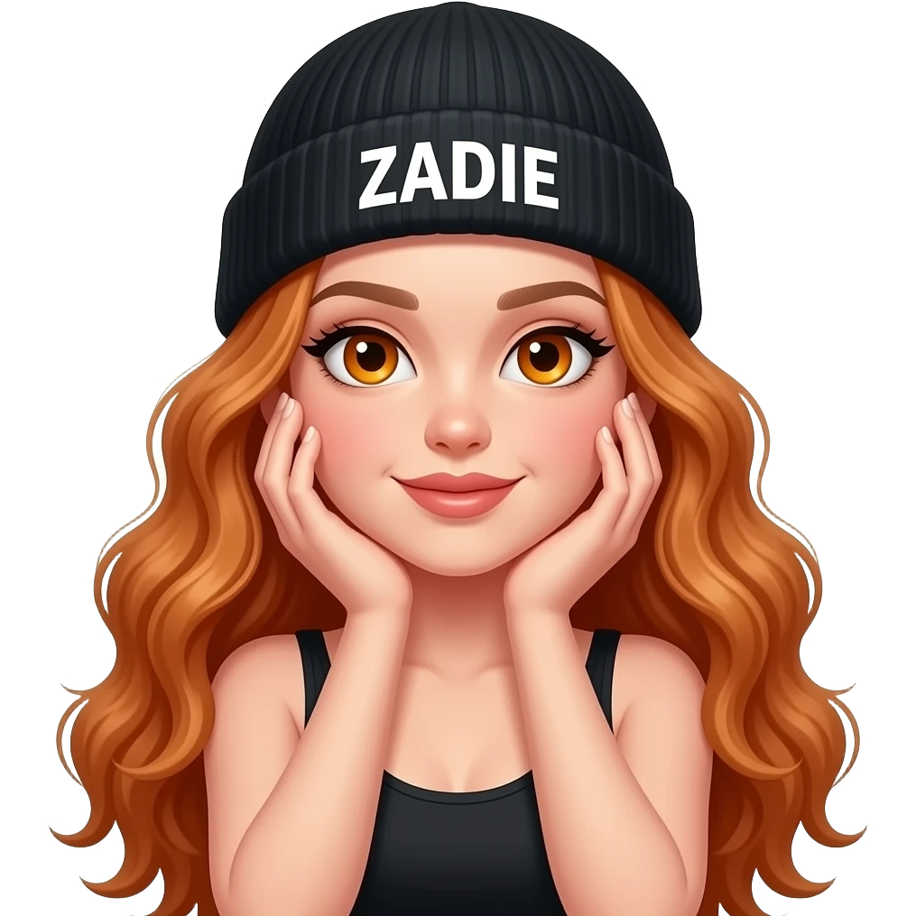 sexy girl with overlong wavy ginger hair and ginger eyes wearing a black tanktop and a black beanie with ZADIE written on it, is putting both hand on her cheeks emoji