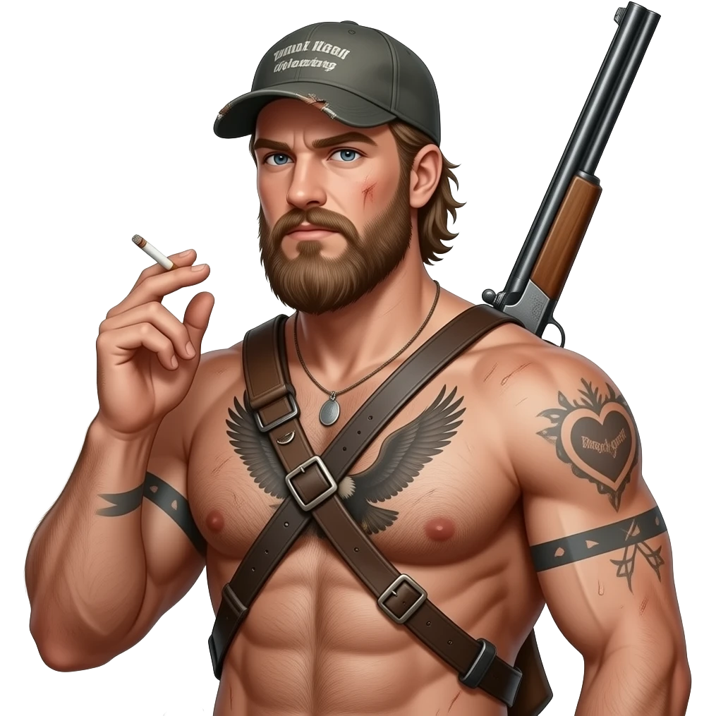 Portrait von einem nackten, typischen redneck mit alten cap und Herztattoo und einem Adler auf der Brust. Er ist maskulin, behaart. Seine Haut ist staubig und verschwitzt. Er raucht eine Joint und hat eine Schrotflinte um seinen Rücken umgehängt. Er hat ein ungepflegten, zottligen lange Bart. emoji