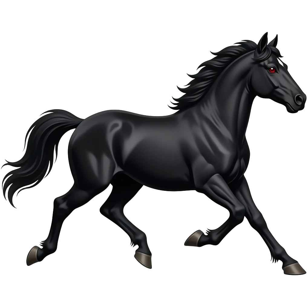 Create a running black horse with red colour eye emoji