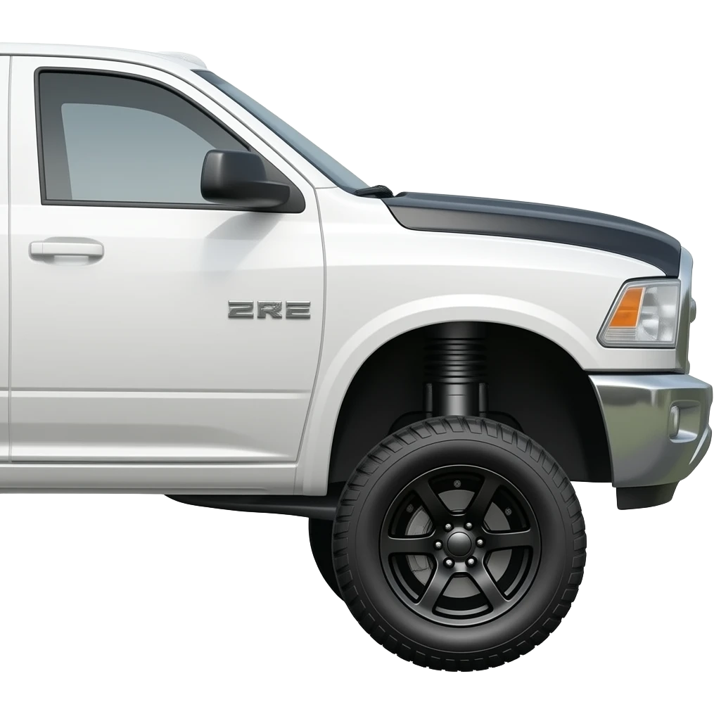 Side view lifted white ram truck black hood Black rims emoji