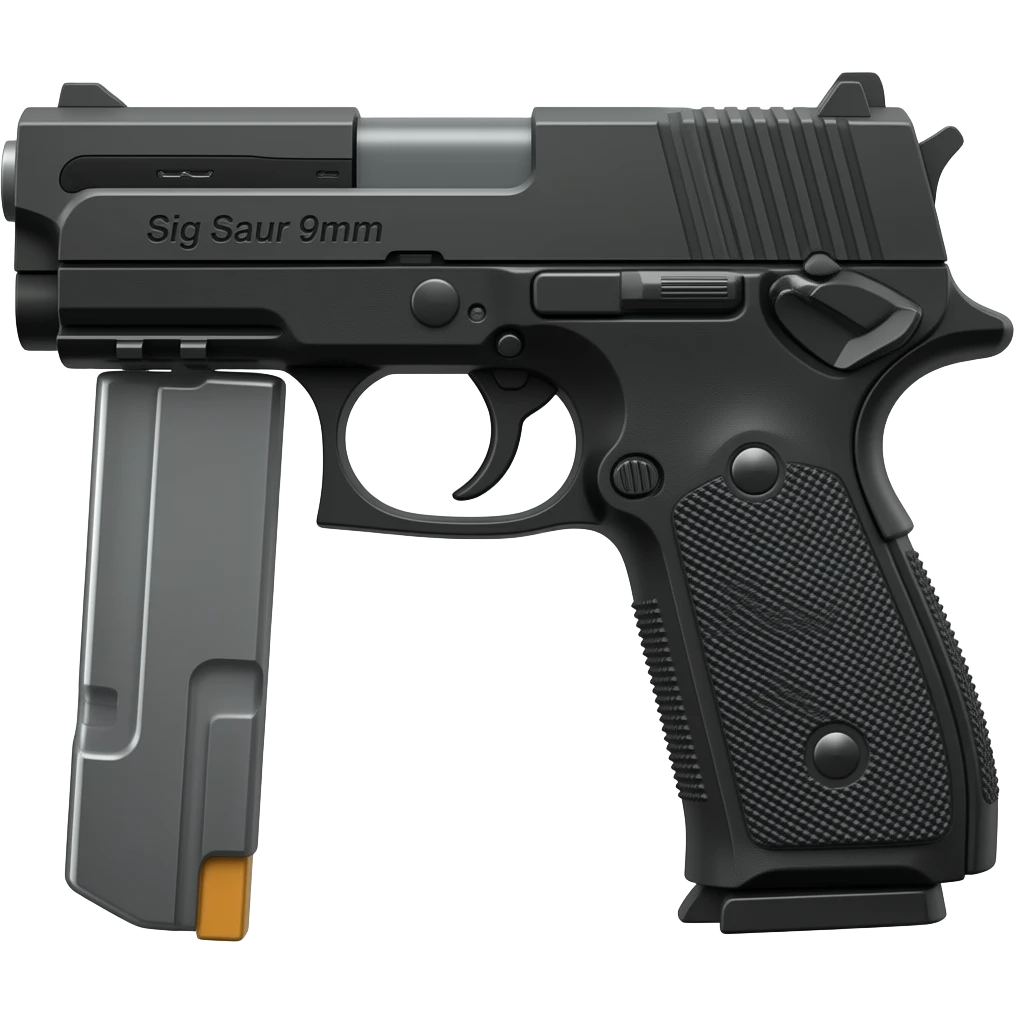 Make the sig saur 9mm pistol and add the name "Sig Saur 9mm" on the barrel . Make the name darker.  Make an extended clip hanging below the gun grip. Get rid of the clip not in the gun. Do not show a clip out of the gun. Get rid of the clip emoji
