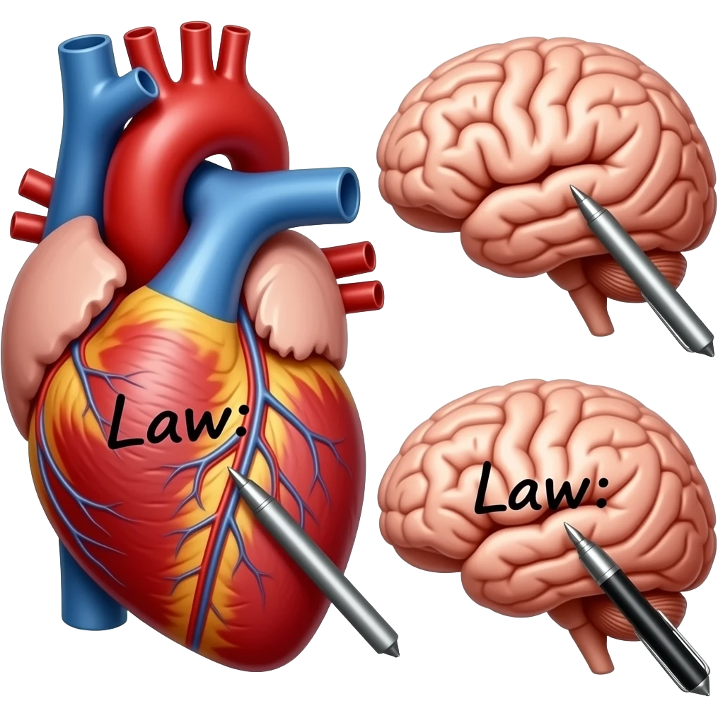 An anatomically acurate human heart with a pen writing "Law:" on the heart. Next to it, an anatomically correct human brain with a pen writing "Law:" on the brain. The word "Law:" has to be on both the heart and the brain.  There should only be one heart and one brain. emoji