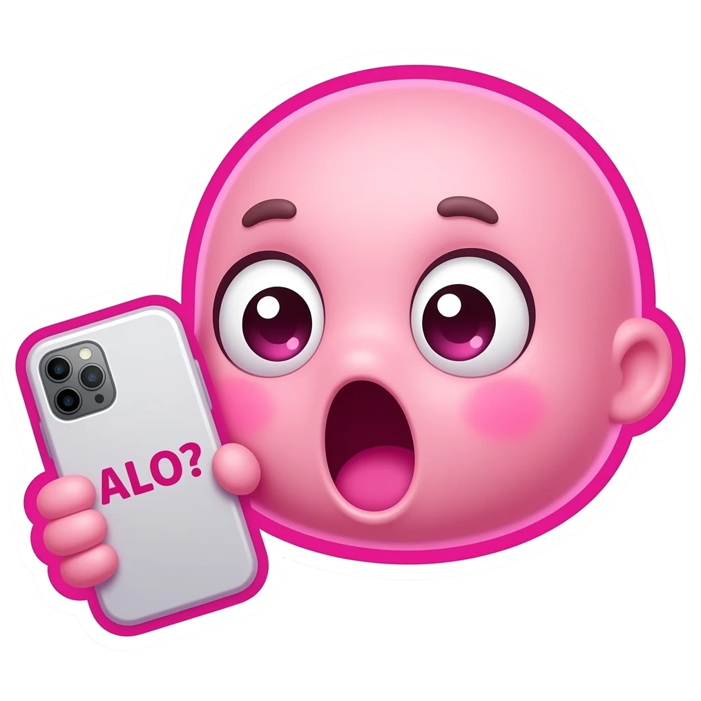 Cute pink Twitch emote with the word “АЛО?”, shocked kawaii face holding a phone, big glossy eyes, screaming expression, neon pink outline, transparent background, sticker style, bold thick outline, readable at small size emoji