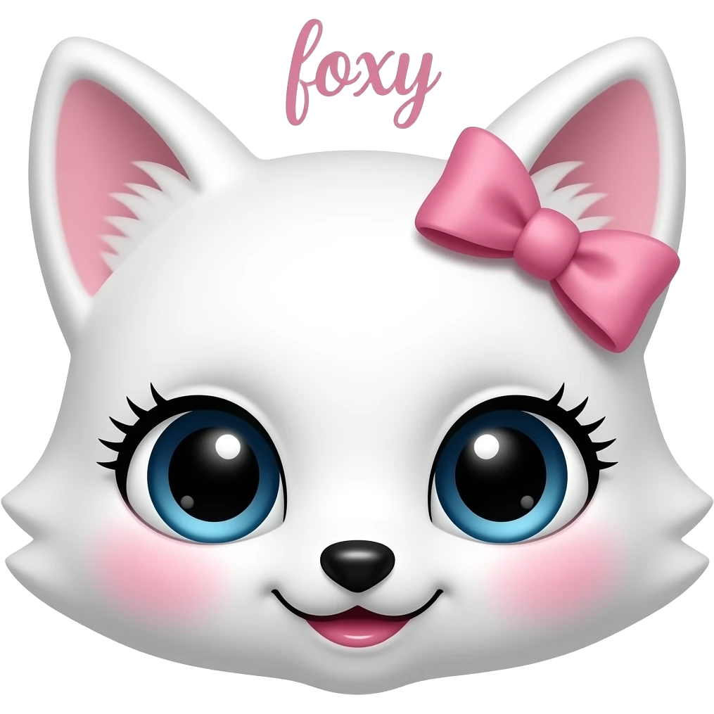 Cute white fox emoji with pretty long lashes and big eyes and pink lips and cheeks with manhwa type and only face and written upside with small elegant writting "foxy" side off her head and a little cute pink bow too emoji