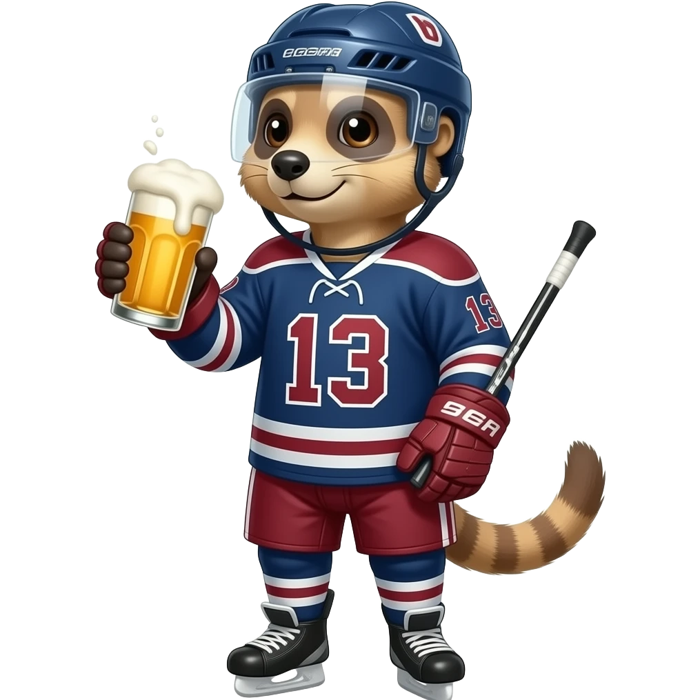 Create a meerkat in Latvian hockey gear (wearing number 13) drinking a beer emoji