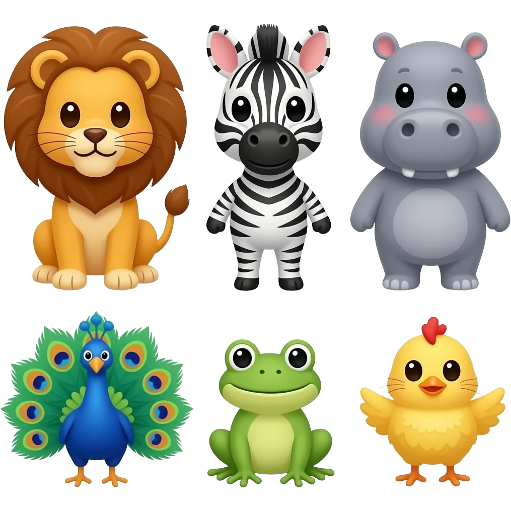 1 Little Lion 2 little zebra 3 little hippo 4 little peacock 5 little frog 6 little chick 7 cat emoji