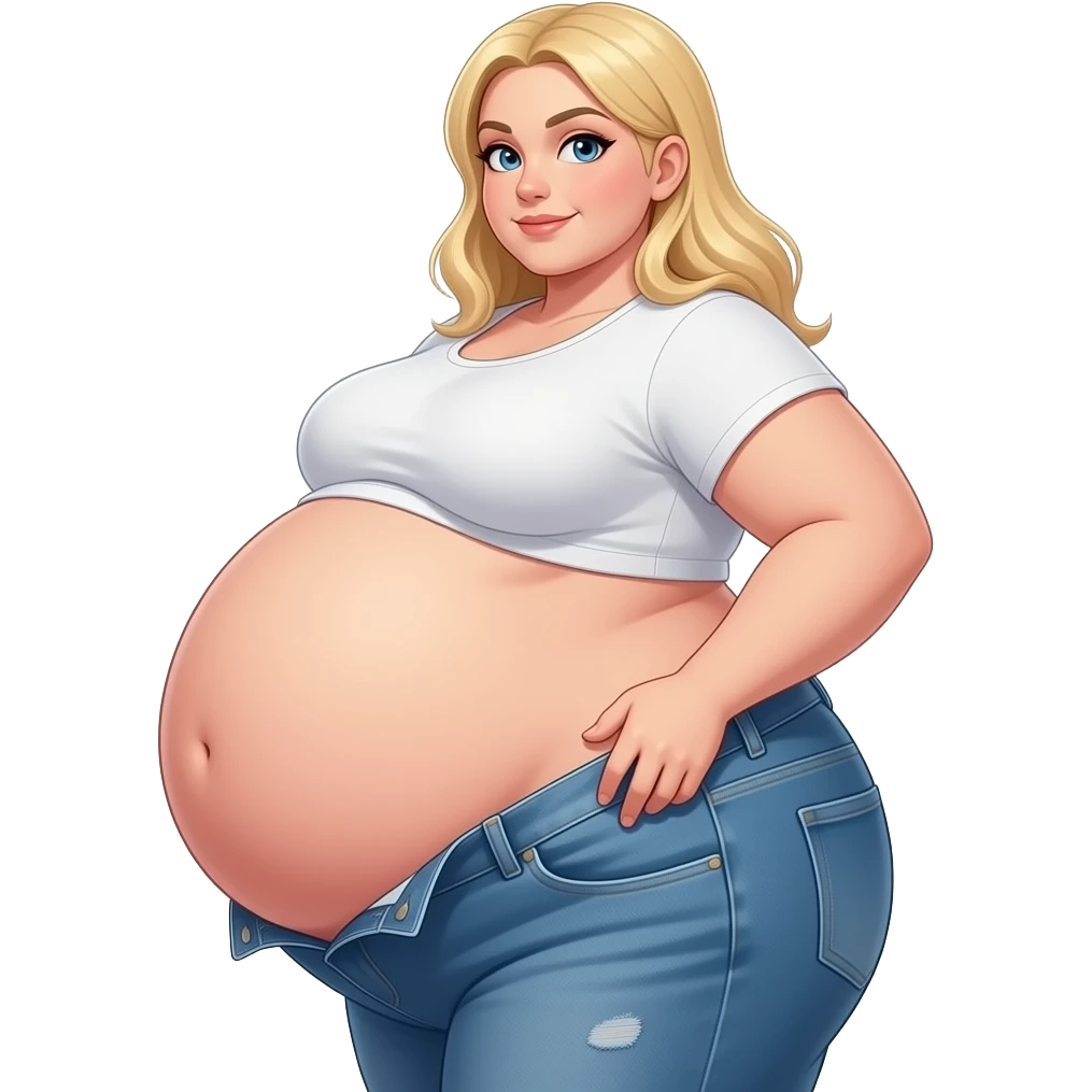 A girl with a huge bloated belly, side view, extremely big belly, gigantic belly fallig over her pants, blonde white girl, gigantic round boobs, massive ass emoji