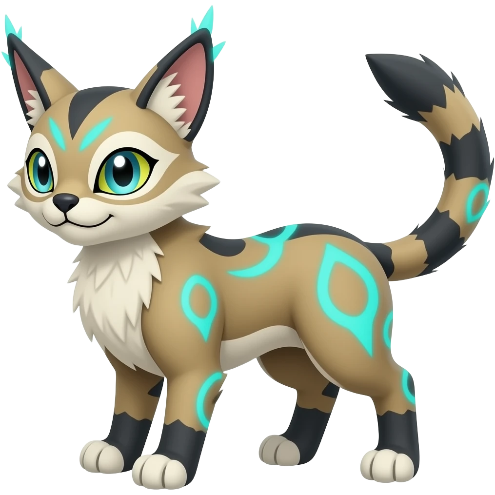 Renamon-Zeraora-Genet-Civet-caracal-Fennekin-Manectric-Vaporeon-Fakémon-hybrid with glowing neon cyan markings emoji