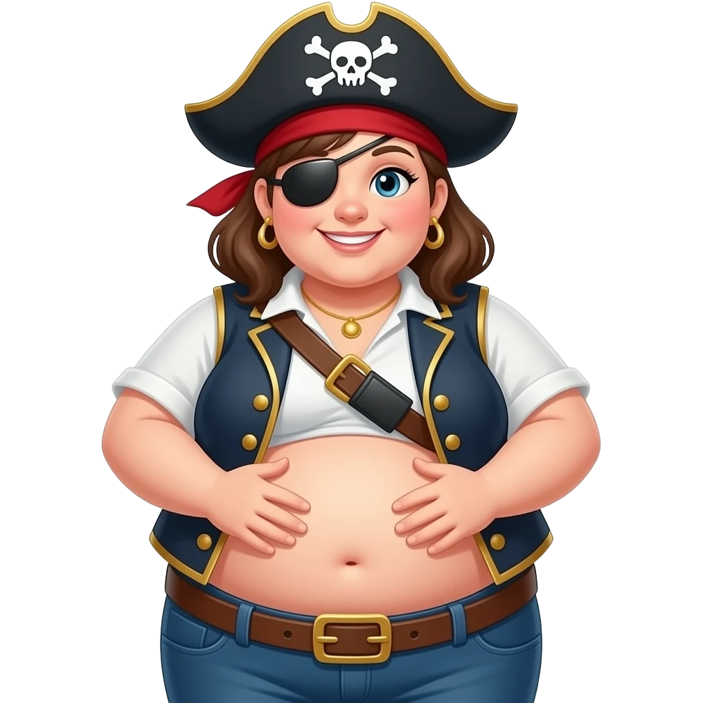 A obese pirate girl,female/doe,her fatty body is ballooning into blimp,her stomach constantly bulging from extreme fullness,her bellybutton is making sure she is a perfect fit for a spot on a fat bountiful tummy,A happily fat & full girl is so well fed,her tubby stomach pops buttons. emoji