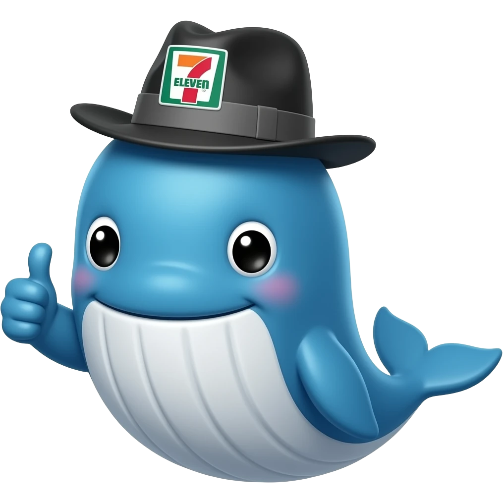 cartoonish blue Whale wearing a 7-eleven branded black and grey fedora with one of its two flipper showing a thumbs up emoji