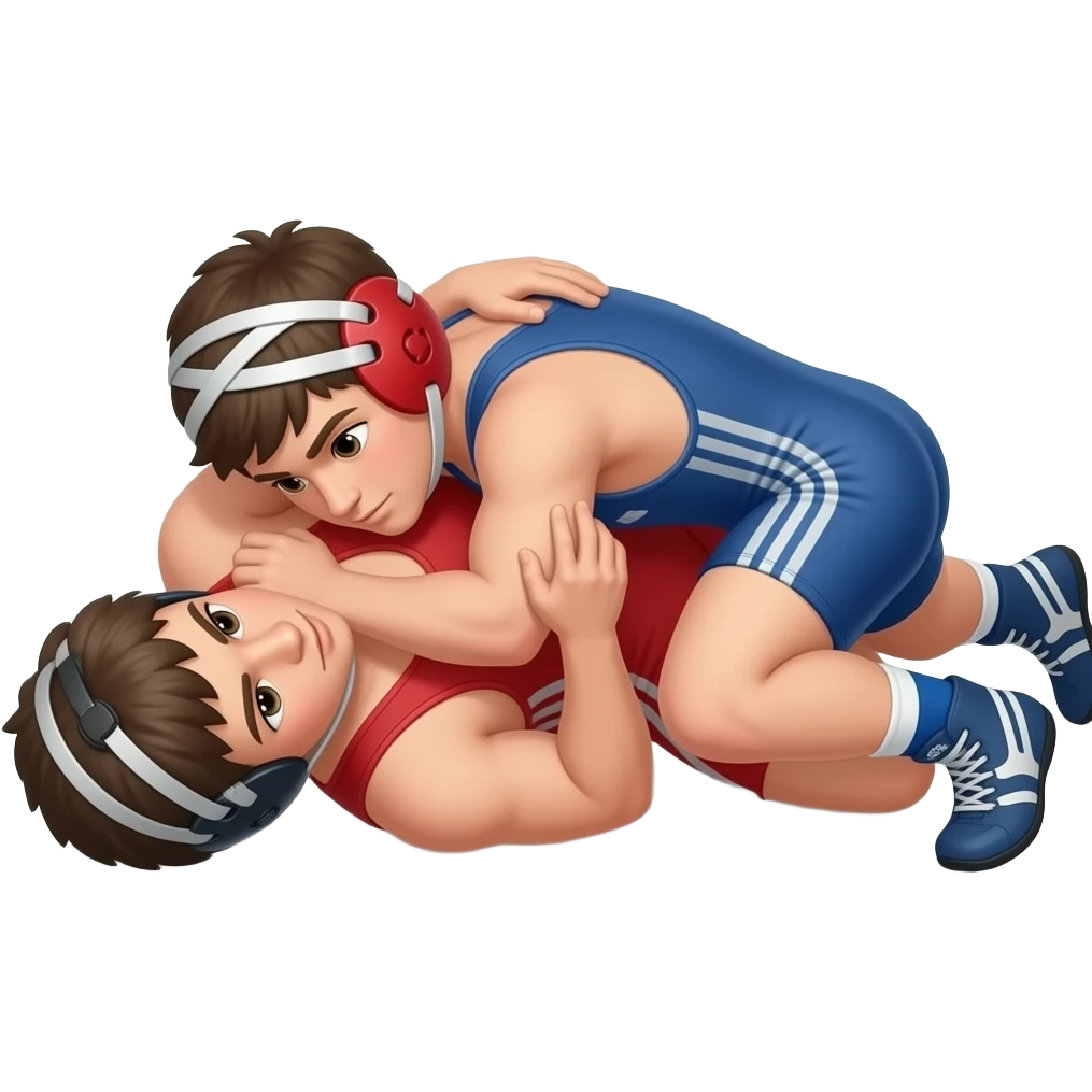 Erstelle ein Bild von zwei Uni-Wrestler (23) in kurzen, knappen und engen Wrestler-suits, die beiden haben unterschiedlich Farben an (rot und blau) und sie ringen liegend miteinander auf dem Boden emoji