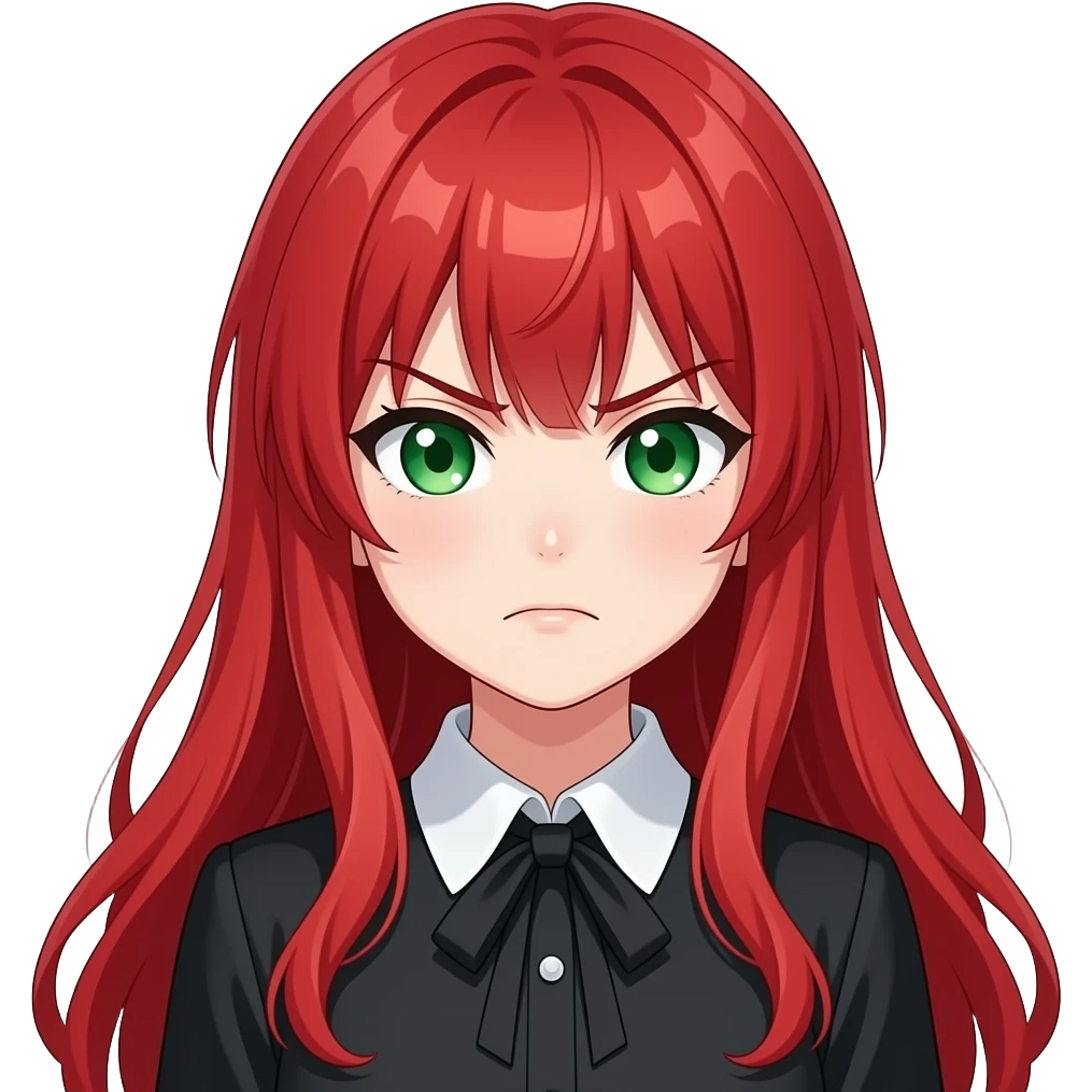 anime girl angry long red hair green eyes black blouse with white ...