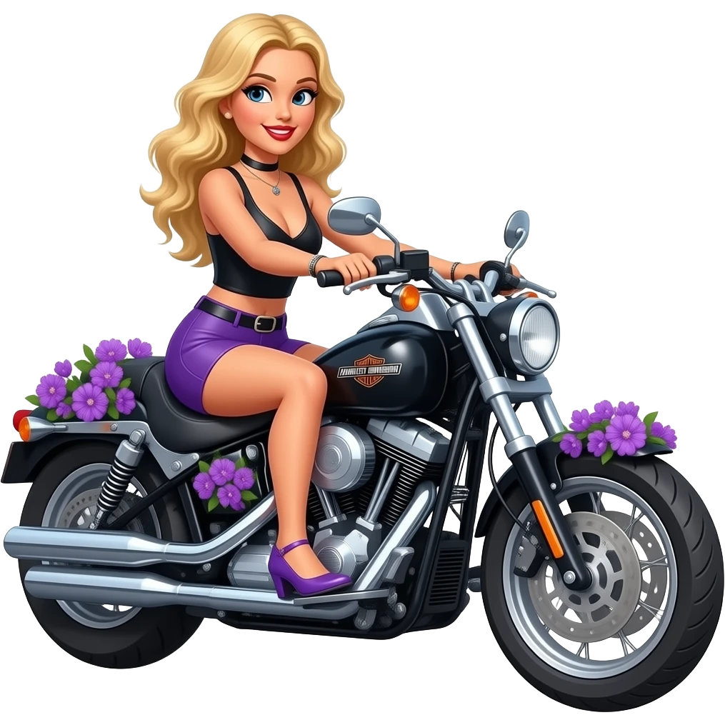 A honey blonde Women dressed in black & purple riding a Harley Davidson motorcycle with purple flowers on the sides emoji