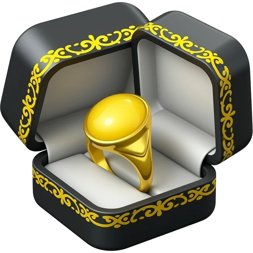 yellow Opal ring in a black box with yellow ornate trim emoji