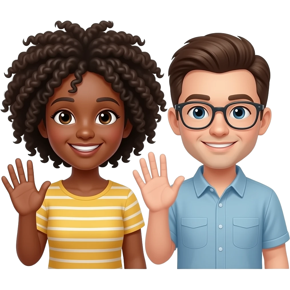 Freineds whith beown hair and one whith glasse waving to eachother emoji