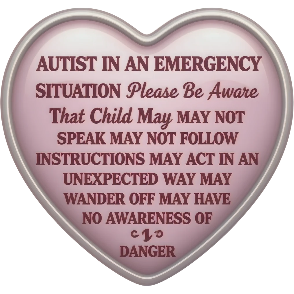 Primary Color Bubbly Cute Relief Primary Colors Girly Heart font Scribbly Font that says "AUTIST IN AN EMERGENCY SITUATION  Please Be Aware That Child May MAY NOT SPEAK  MAY NOT FOLLOW INSTRUCTIONS  MAY ACT IN AN UNEXPECTED WAY  MAY WANDER OFF  MAY HAVE NO AWARENESS OF DANGER" emoji